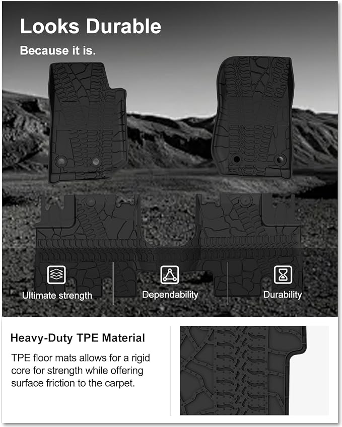 Kiwi Master Floor Mats for 2014-2018 Jeep Wrangler JK 4-Door | OEM Replacement 82213860, Custom Fit All Weather Car Mats, Heavy Duty TPE Floor Liners, Front & Rear 2 Row Set, Black