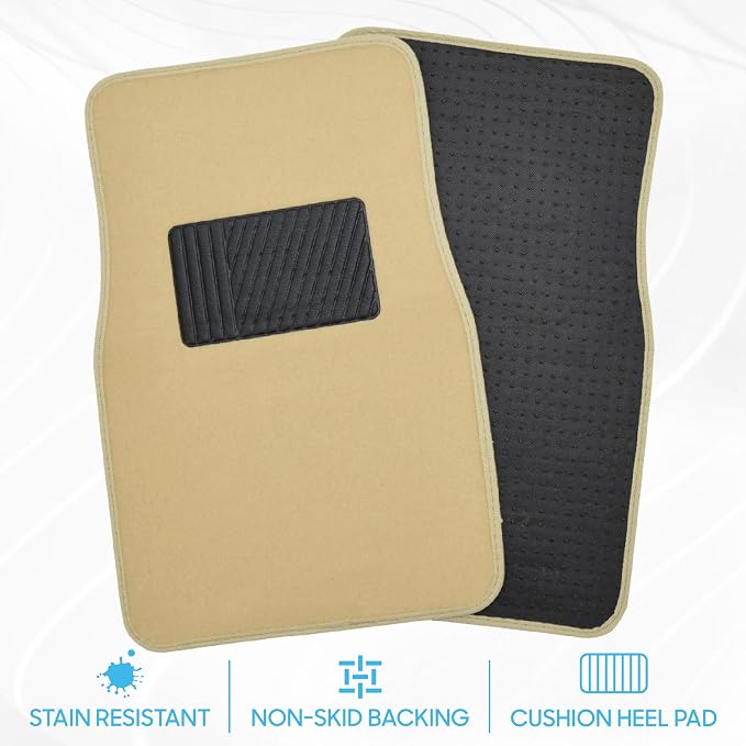 BDK Premium Light Beige Carpet Floor Mats for Cars - Universal Fit Interior 4-Piece Car Mats Full Set with Vinyl Heel Pad Protector - Cute Car Accessories Interior Floor Covers for SUVs & Trucks
