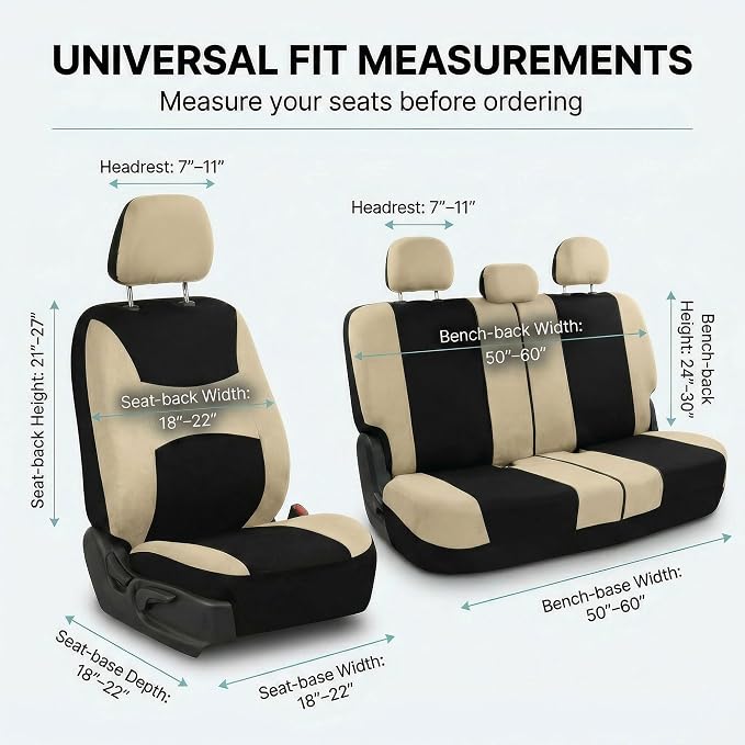 FH Group Automotive Seat Covers Light & Breezy Flat Cloth Seat Cover Three Row Set Beige, Airbag and Split Rear Car Seat Cover Universal Fit Interior Accessories Cars Trucks SUV Car Accessories