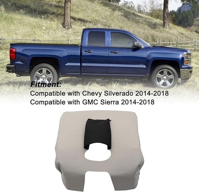 SecosAutoparts Light Gray Leather Center Console Leather Lid Armrest Cover Replacement Compatible with Chevy Silverado 2014-2018 Compatible with GMC Sierra 2014 2015 2016 2017 2018