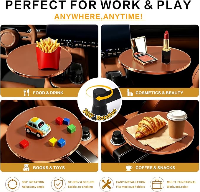 Car Tray Table & Car Desk for Laptop, Dual 360° Rotating Cup Holder Tray, Anti-Slip Leather-Textured Car Food Tray for Eating, Working & Makeup, Compatible with Tesla Model Y/3/S & Most Vehicles