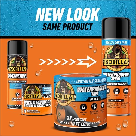 Gorilla Waterproof Patch & Seal Rubberized Sealant Spray, Black, 16 Ounce (Pack of 1) - Seals Out Water, Air, and Moisture