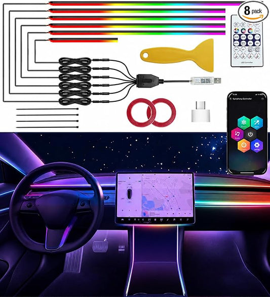KENANEK 55.12Inch 6in1 Tesla Interior Lights, 5V USB & Type-C Powered, Acrylic Interior Car LED Strip Lights, App Controlled Music Sync, OEM-Style Ambient Lighting with Dreamcolor Effects
