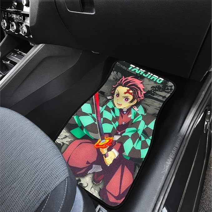 Anime Car Carpet Mat Set of 2 Front, Green Tanjrosword Design Automotive Accessories Interior All Weather Floor Mats Decor with Non Slip Black Anti Skid Backing