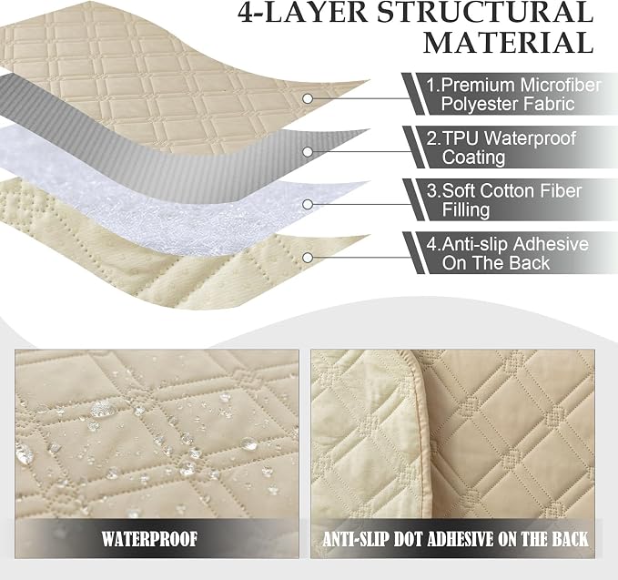 Genina L Shape Couch Cover, Sectional Couch Chaise Covers, Waterproof Washable Sofa Covers for Left L Shape Chaise Lounge, Anti-Slip Sofa Slipcovers for Dogs Cats Pet Friendly(Beige)