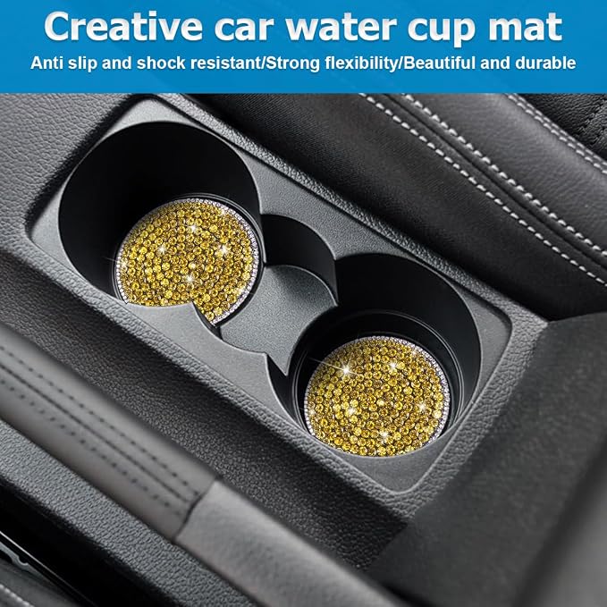Bling Car Cup Holder Coaster, 2PCS 2.75 Inch Crystal Rhinestone Anti Slip Vehicle Drink Cup Mat for Women Girls, Auto Interior Embedded in Ornaments. Universal for SUV RV Truck (Yellow)