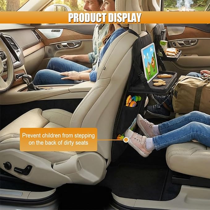 Car Backseat Organizer with Foldable Table Tray, Oxford Cloth Car Seat Back Kick Mat Protector, Multifunctional Auto Interior Hanging Storage Pocket for Cars, SUVs(With)