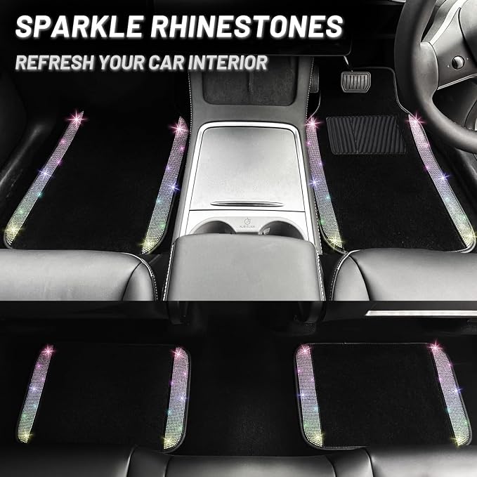 NBTEPEM 12 Pcs Bling Car Accessories Set for Women Car Floor Mats Full Set Steering Wheel Cover Seat Belt Covers Coasters Universal Fit Car SUV Truck Van Multicolor