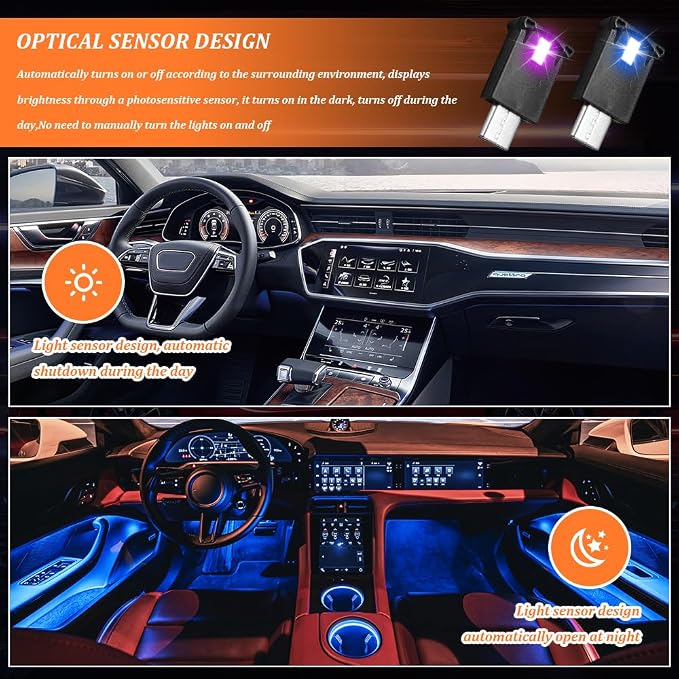 2 PCS USB Type C LED Ambient Light, Adjustable Brightness 8 Color RGB LED Interior Lighting, Universal Car Interior Accessories Mini USB Night Atmosphere Lamp for Car Home Decoration