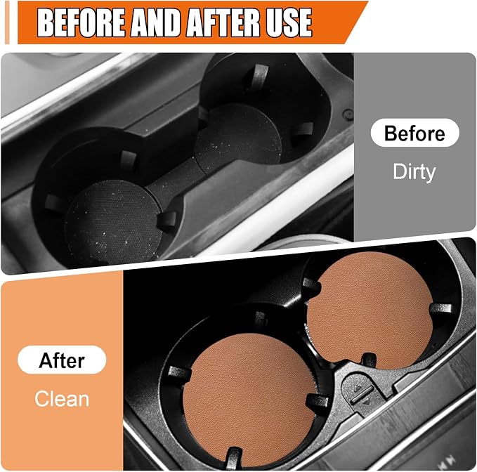 Car Cup Holder Coaster, Leather Anti-Slip Auto Cup Holder Insert Coaster, Shockproof Waterproof Drink Mat, Universal Vehicle Interior Decoration Accessories for Cars, Trucks, SUVs (Brown)