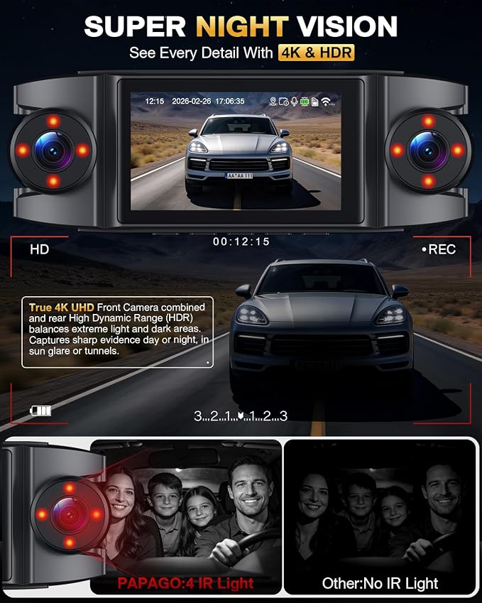 4 Channel 360° Dash Cam Front Rear and Left Right Inside, 4K+3 * 1080P Dash Camera for Cars with Free 128GB SD Card, 5.8GHz WiFi-30MB/s, 24H Parking Mode, G-Sensor, GPS, Night Vision, Voice Control