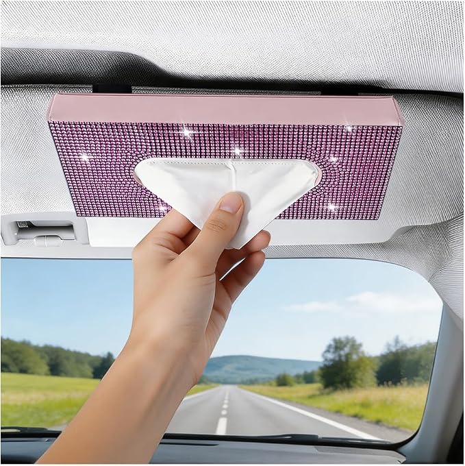Bling Car Visor Tissue Holder, Shiny Rhinestone Leather Sun Visor Napkin Mask Case Holder Clip, Diamond AUT Paper Tissue Towel Box Dispenser, Universal Fit (Pink)