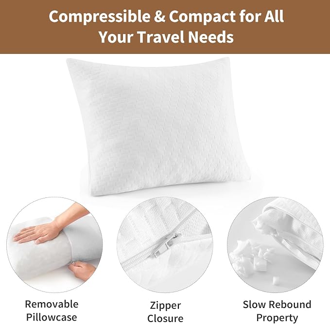 Small Shredded Memory Foam Pillow, Camping Pillow Travel Pillow - Compressible Medium Firm, Breathable Cover, Ideal Backpacking Hiking, Airplane and Car (Off-White, S)