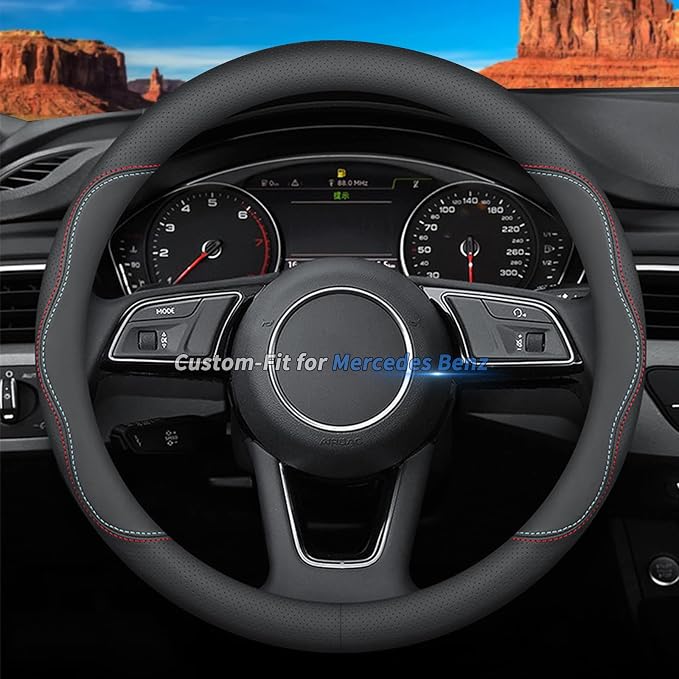 Deer Route Custom-Fit for Mercedes Benz Steering Wheel Cover, Premium Leather Car Steering Wheel Cover with Logo, Non-Slip, Breathable,
