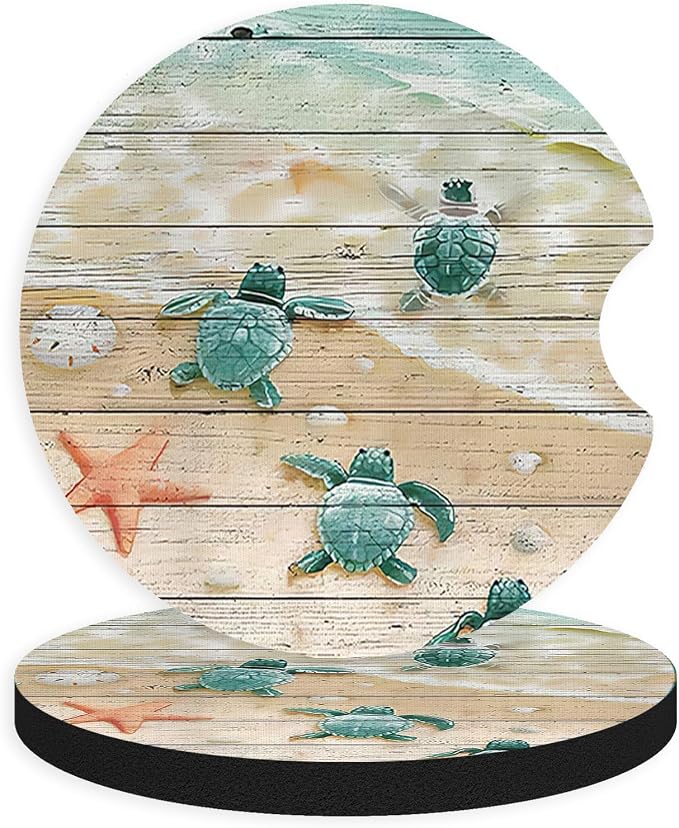 2pcs Cute Sea Turtles Car Coasters,Absorbent Universal neoprener Cup Holder Coasters with a Finger Notch,Car Accessories for Women&Man Interior，2.75"