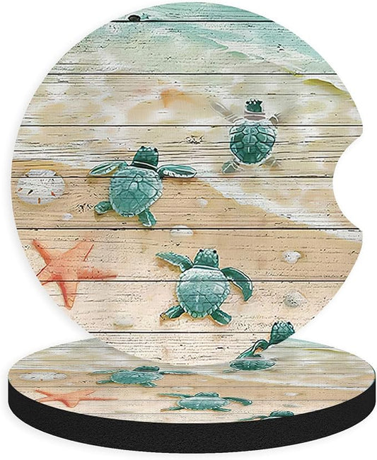 2pcs Cute Sea Turtles Car Coasters,Absorbent Universal neoprener Cup Holder Coasters with a Finger Notch,Car Accessories for Women&Man Interior，2.75"