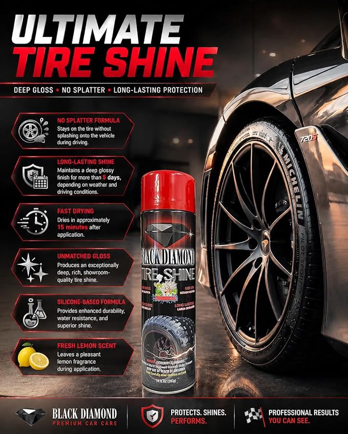 Black Diamond Tire Shine Spray 14 oz (Pack of 2) – Extreme Wet Look High Gloss, Quick Dry No-Sling Formula, Long-Lasting UV Protection for Car & Truck Tires