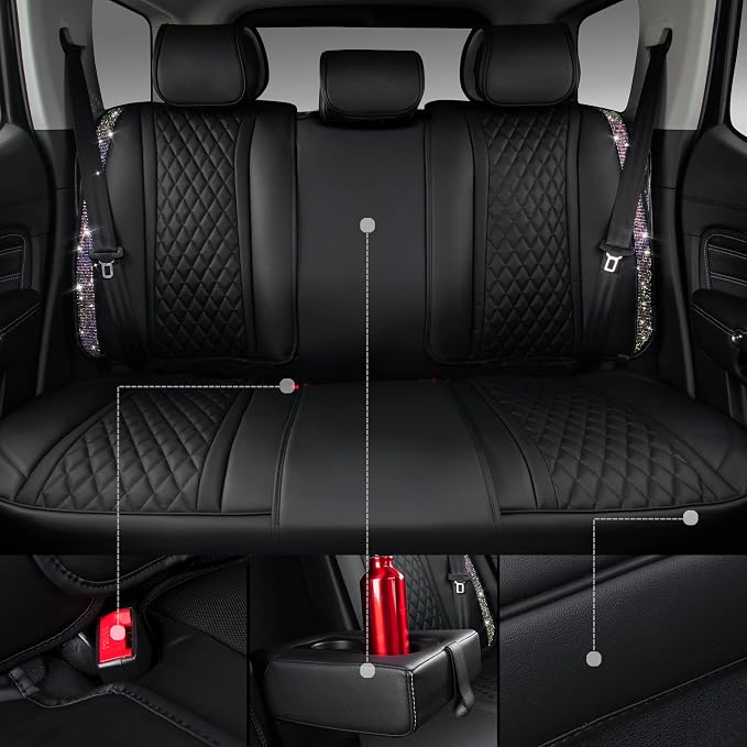 CAR PASS Iridescent Diamond &NAPPA Calfskin Leather Cushioned,Bling Seat Covers,Waterproof Heavy-Duty Anti-Slip,Universal Fit for Auto SUV Sedan,Sparkly Glitter Shining Rhinestone Full Set, Multicolor