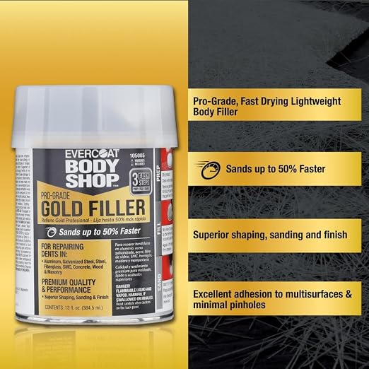 Evercoat Body Shop 105005 Pro-Grade Gold Filler Sands up to 50% Faster, Multipurpose for Dents in Aluminum, Fiberglass & More, Easy Mix Hardener Included 13 Fl Oz.