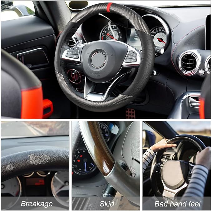 Osilly Car Steering Wheel Cover, 15 inch Anti-Slip Steering Wheel Protector, Carbon Fiber & Microfiber PU Leather Steering Wheel Cover for Women and Men, Universal Fit for Most Vehicles (Gray)