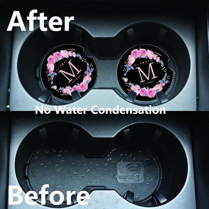2pcs Letter M Car Coasters,Absorbent Universal neoprener Cup Holder Coasters with a Finger Notch,Car Accessories for Women&Man Interior，2.75"