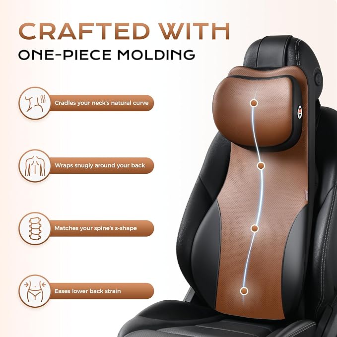 Coverado Neck and Lumbar Support for Car, Ergonomic Memory Foam& Breathable Leather Car Back Support, Adjustable-Height Velcro Design Car Neck Pillow, Car Cushion Neck Back Pain Relief, Black&Brown