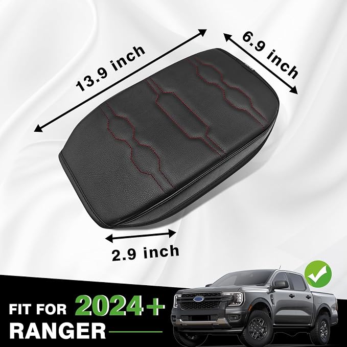 Muslogy Center Console Armrest Cover Fit for Ford Ranger 2024 2025 2026 Accessories, Comfort Armrest Pad Console Lid Cushion Vegan Leather Regular Thick(Black/Orange Trim)