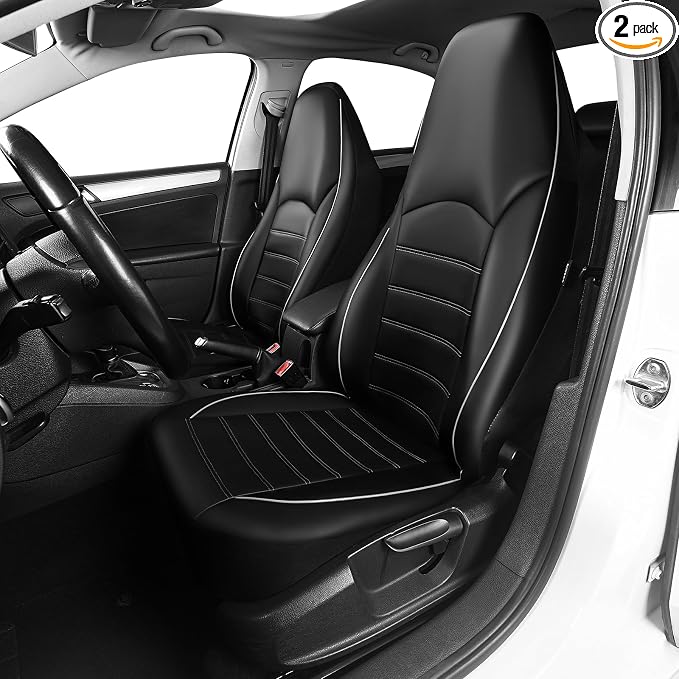 TOYOUN Classic Universal PU Leather Car Front Seat Covers High Back Bucket Seat Cover - Fit Most Cars, Trucks, SUVS, or Vans 2 PCS Gray Trim Auto Seat Covers Set Car Seat Protector for All Seasons