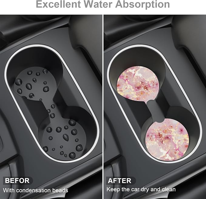 Car Cup Holder Coaster, Car Coasters for Cup Holders, 2 Pack Universal Anti Slip Insert Absorbent Ceramic Auto Interior Accessories with A Finger Notch & Cork Base, Golden Pink Marble