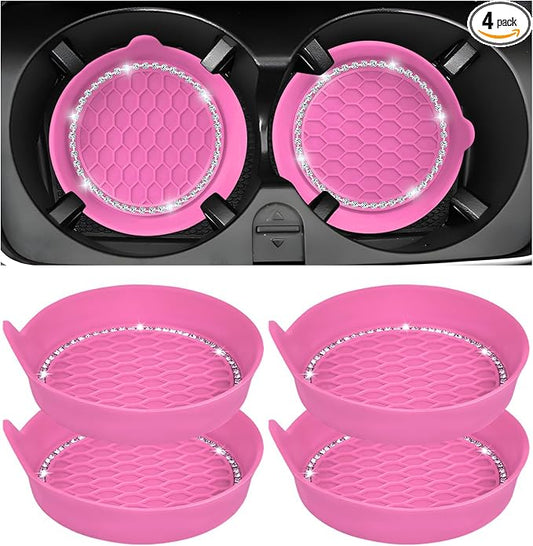 Sun Walker 4 PCS Bling Car Cup Holder Coaster, Non Slip Sparkly Rhinestone Cup Holder Pad Insert Coaster, Shockproof Silicone Shiny Embedded Drink Mat Interior Decor for Most Vehicles (Pink)