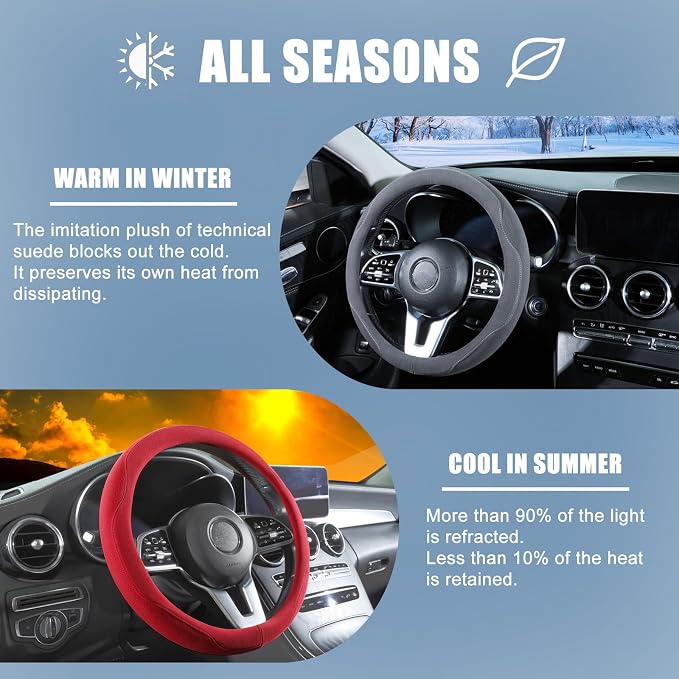 Red Suede Steering Wheel Cover Universal 14.5 inch to 15 inch | Warm in Winter and Cool in Summer, Felt Car Accessories, Breathable Non-Slip Sweat-Proof Wear-Resistant
