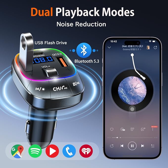 FM Transmitter Bluetooth 5.4 Wireless Radio Adapter Car Kit 48W (PD 30W & 18W) Light Switch Fast Charging Music Adapter LED Display Hands-Free Calling Support USB Drive (Grey)