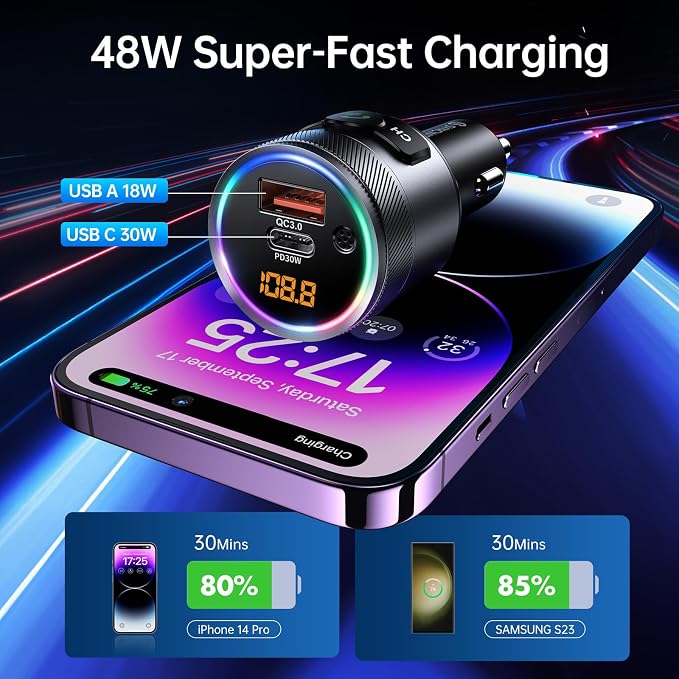 Syncwire Bluetooth 5.4 FM Transmitter for Car, 38W PD&QC3.0 Dual USB Charging Bluetooth Car Adapter Microphone & Bass Sound MP3 Music Player FM Kit with Hands-Free Calling | QC3.0 dual USB fast charging. Built-in mic for clear hands-free calling. Deep ...