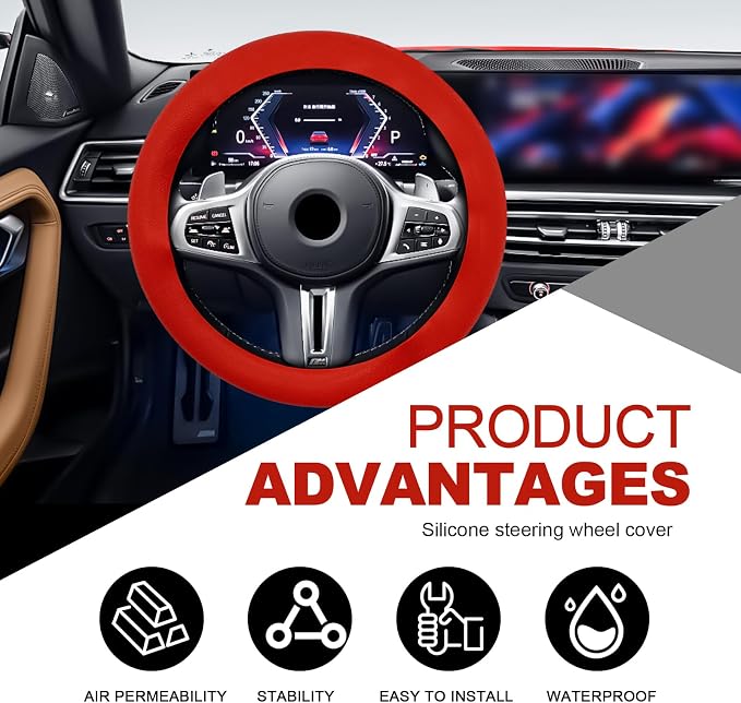 Silicone Steering Wheel Cover - Thicker Universal Stretchy & Anti-Slip Grips, Universal Fit 14"-16" Silicone Steering Wheel Protector for Men and Women, Car Interior Accessory (Red)