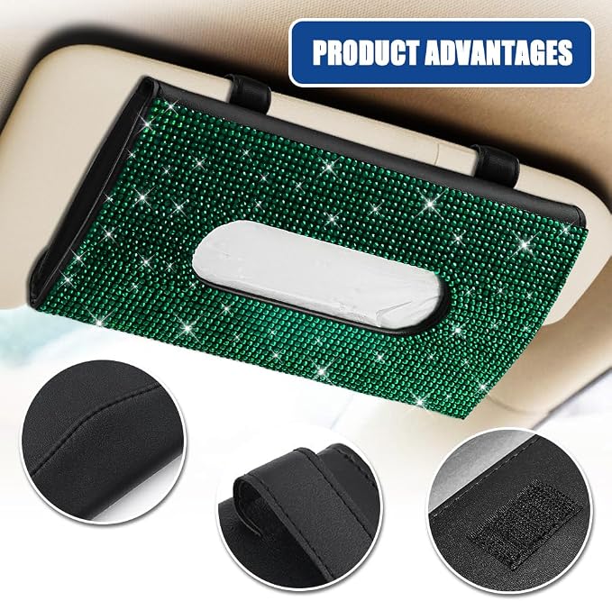 Bling Car Sun Visor Tissue Box Holder, Visor Accessories, Rhinestone PU Leather Crystal Sparkling Napkin Holder, Auto Sun Visor Paper Towel Cover Case Accessories for Most Cars (Green)