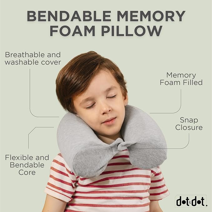 Dot&Dot Twist Memory Foam Kids Travel Pillow, Bendable Neck Pillow for Airplane, Car and Home, 23-Inch Adjustable Roll with Washable Cotton Cover