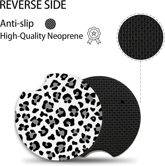 Leopard Print Car Coasters,Cute Car Assecories for Women,Universal Auto Anti Slip Insert Coaster, Rubber Car Coasters with A Finger Notch,Pack of 2 Drink Cup Holder Coasters