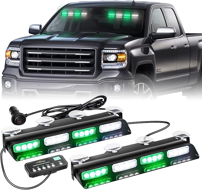 XRIDONSEN 2x 14 inch Green White Emergency Dash Lights 32 LED Strobe Lights | Interior Safety Flashing Warning Hazard Caution Front/Rear Windshield Light Bar w/ Controller for Vehicles Trucks Car