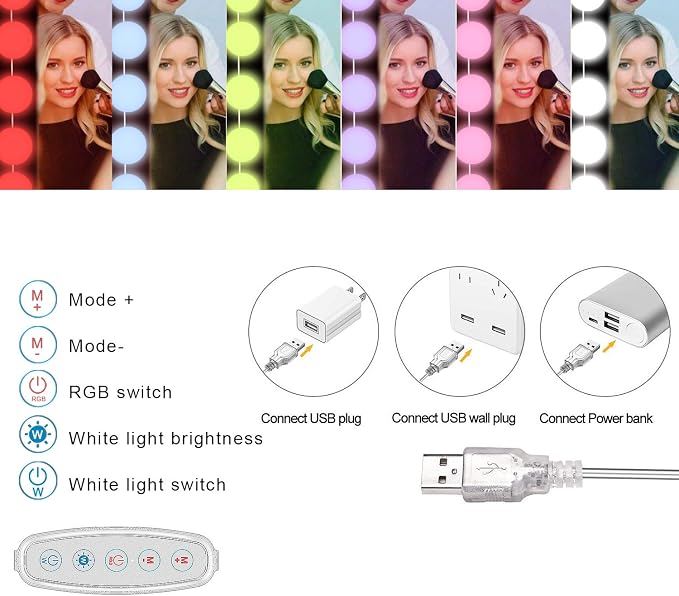 Vanity Lights for Mirror, 14-Bulb RGB Colorful DIY Hollywood Makeup Vanity Mirror Dimmable Lights
