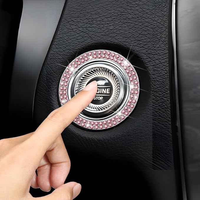 Bling Car Engine Start Ring Decals, 2PCS Sparkling Crystal Rhinestone Vehicle Push to Start Button Sticker, Diamond Auto Key Ignition Knob Decorative Ring, Universal for Vehicles (Pink)