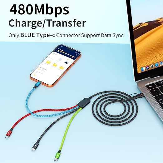4 in 2 Multi Charging Cable, 3 Pack 5FT Charging Cord for Multiple Devices | USB C Charging Cable with Dual Type-C, IP & Micro Ports, Nylon Braided Multi Device Charger Cord for Travel and Car