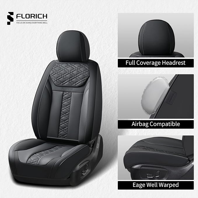 FLORICH Seat Covers, Front Seat Covers 2 PCs, Automotive Seat Cover for Cars, Luxury Leather Universal Seat Cover Accessories Fit for Most Cars SUV Truck Sedans(Black)