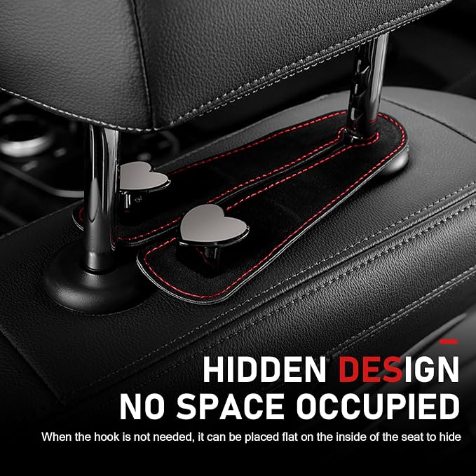 2 PCS Car Seat Headrest Hook, Suede Cute Heart Shape Metal Double Head Purse Hook, Universal Automotive Seat Back Storage Hanger, Car Accessories for Women (Black)
