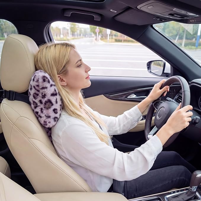 Macarrie 2 Pcs Car Neck Pillow Plush Butterfly Bow Car Headrest Pillow Comfortable Seat Neck Support Cute Head Rest Accessories for Driving Travel Driver Chair Girl Interior Decor(Purple,Leopard)
