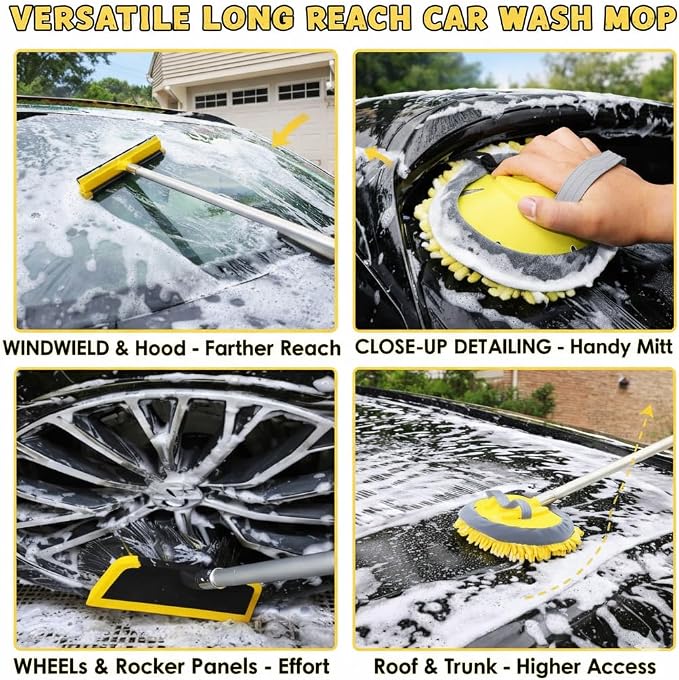 18FT Reach Car Wash Brush with Long Handle, Car Wash Kit with 4.6-12 Telescoping Pole, 20L Collapsible Bucket, Microfiber Cleaning Mop, Mitt, Window Squeegee for RV Truck SUV Boat Solar Pane Washing