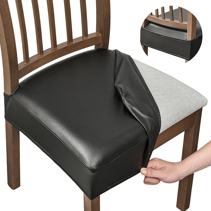 NILUOH Waterproof Seat Covers for Dining Room Chairs Set of 4, 21 Inches Pu Leather Dining Chair Cover Removable Washable Chair Protctor Cover, Rear Covers (PU-Black)