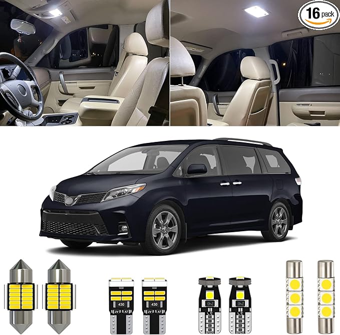 Xpismii 16 Piece 6000K White Sienna Interior LED Lights Kit Package Replacement for Toyota Sienna 2011 2012 2013 2014 2015 2016 2017 2018 2019 2020 2021, with Placement Diagram and Install Tool