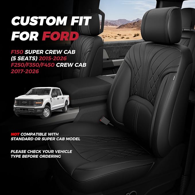 FREESOO Leather Seat Covers for Ford F150 SuperCrew 2015-2026 Front Seats | Fits F250/F350/F450 Super Duty 2017-2026, Custom Fit, Waterproof, Bucket Seat, Airbag Compatible, Lumbar Support, Easy-clean