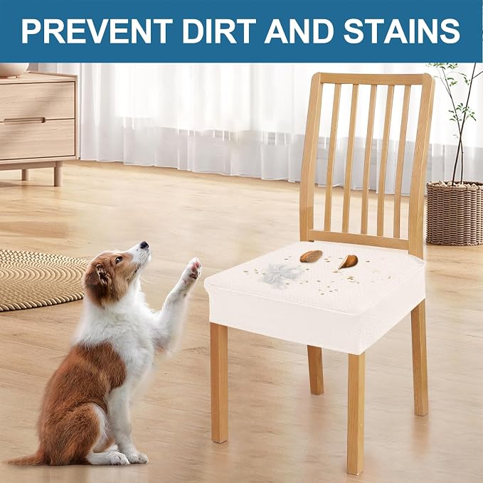 Smiry Waterproof Seat Covers for Dining Room Chairs Set of 6, Stretch Jacquard Removable Washable Chair Seat Slipcovers Protector, No Rear Covers, Ivory