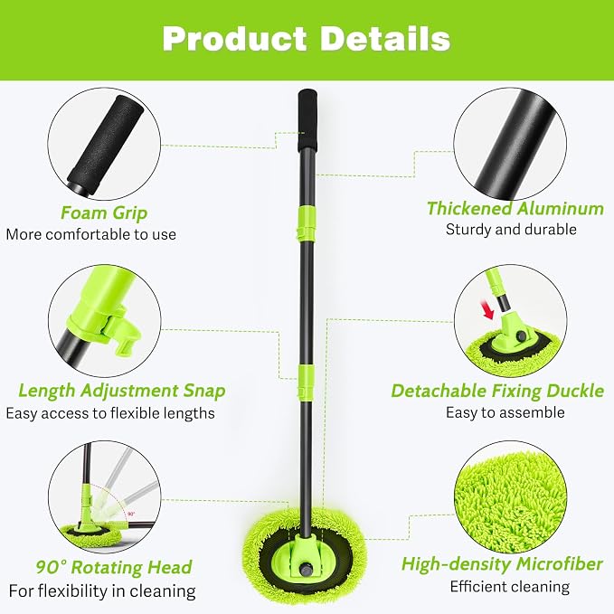 7-in-1 Car Wash Brush Kit with 15° Curved Long Handle for Cars | Car Cleaning Kit with 2 Replaceable Car Washing Mop, Wash Sponge, Mitt, Towel, Tire Brush for RV SUV Truck, Green
